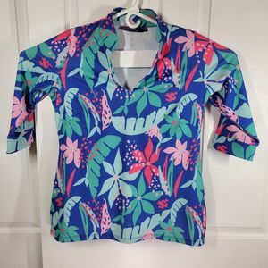 Katherine Way Womens MED Boca Tunic Top Floral on Blue on White UPF 50 EUC